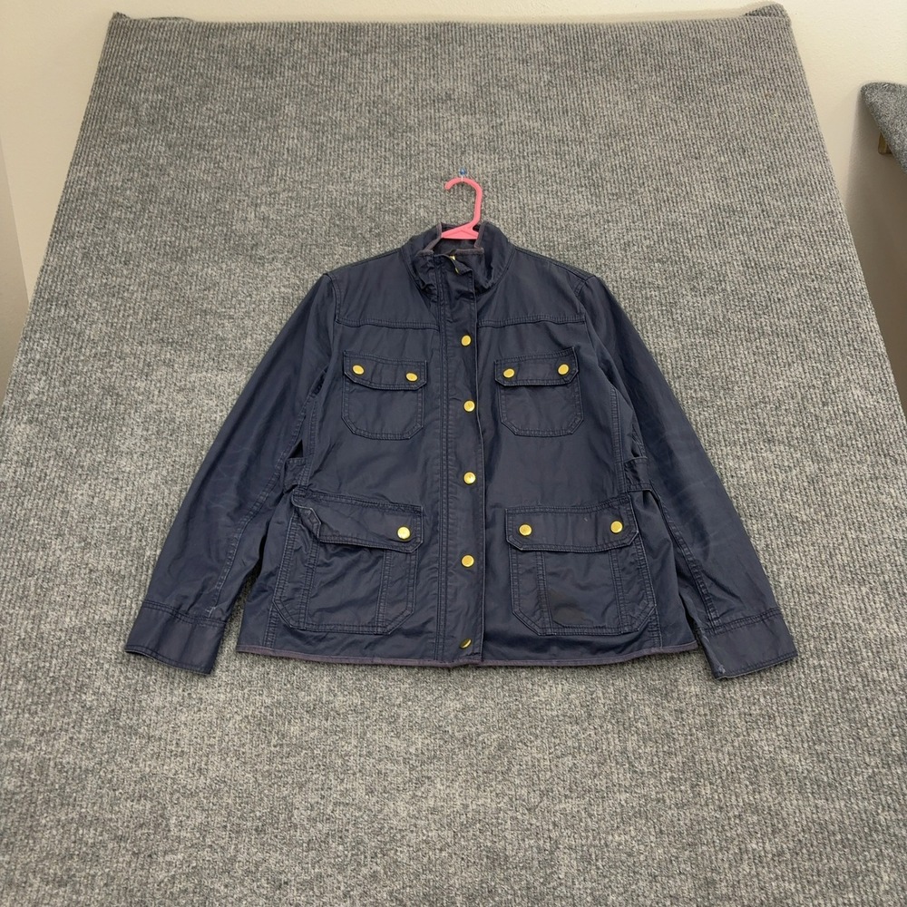 J Crew Field Jacket Women Petite L‎ Navy Cotton Gold Snap Utility Casual
